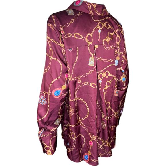 Susan Graver Regular Printed Charmeuse Button-Front Tunic Dark Cranberry Small - Picture 6 of 12